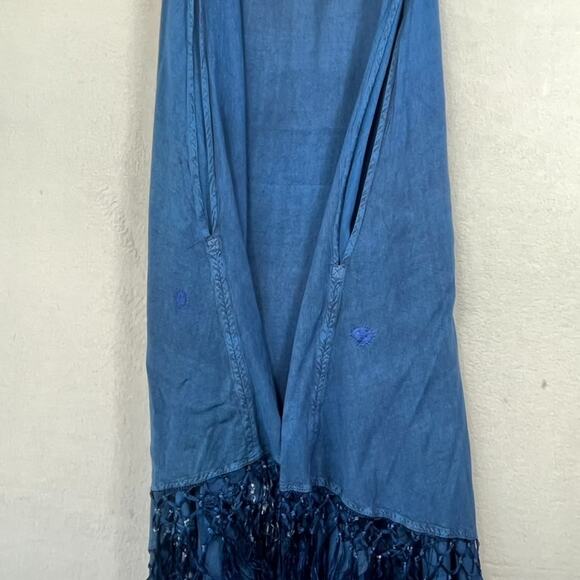 Sakkas Maxi Dress Size S/M Blue Stonewash Fringed Boho India Festival Pockets - Picture 14 of 14